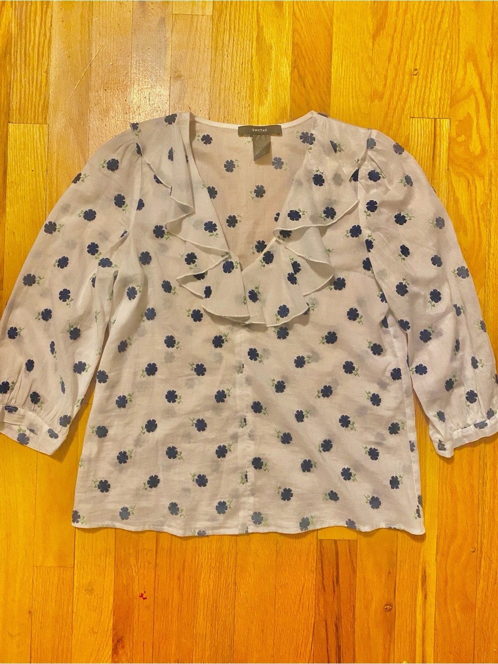 Smythe White Ruffle Embroidered Blouse Size XS with Navy Floral Print Like New